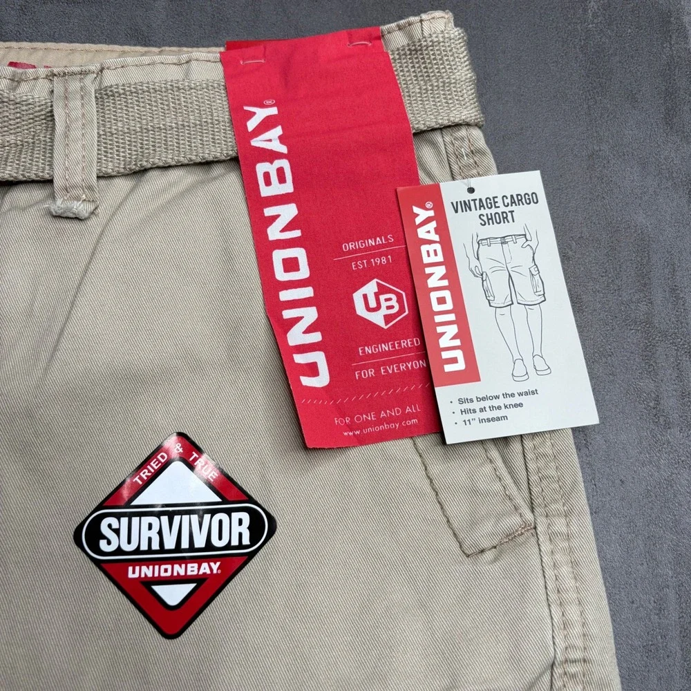 Unionbay Cargo Shorts Mens 38 Khaki Survivor Vintage Belted Cotton New